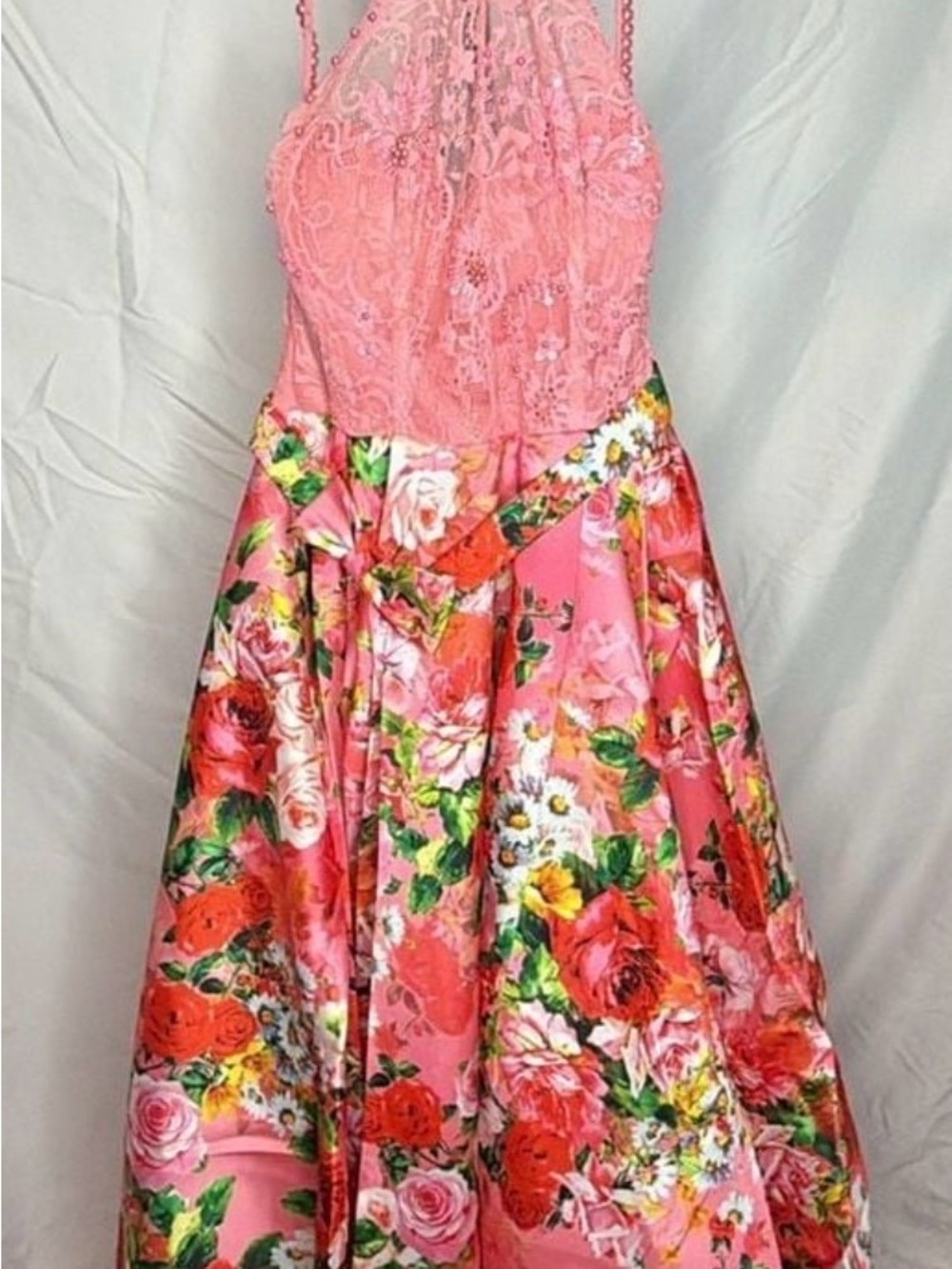 Tarik Ediz Pink Floral Lace Halter Party Dress